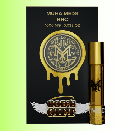 Gold and black Muha Meds Gods Gift Flavor HHC product with wings on a green background. For customers in the Kenosha and Racine area