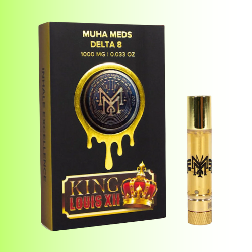 Gold and black packaging of Muha Meds King Louis Flavor Delta 8 with a gold pen on a light green background. For customers in the Kenosha and Racine area
