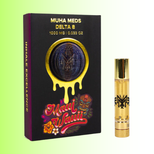 Muha Meds Delta 8 Maui Wauwii packaging with a gold cartridge on a green background. For customers in the Kenosha and Racine area