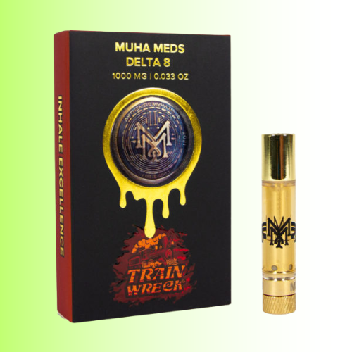 Muha Meds Delta 8 Train Wreck packaging with gold cartridge on a green background. For customers in the Kenosha and Racine area. For customers in the Kenosha and Racine area
