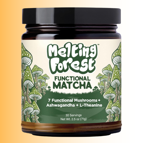 A jar of Melting Forest Functional Matcha powder with a black lid and a cream label featuring green mushroom illustrations and dark green text, set against a warm yellow-to-white gradient background.