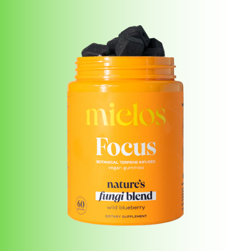 Orange supplement jar labeled 'mielos Focus' on a green background. For customers in the Kenosha and Racine area