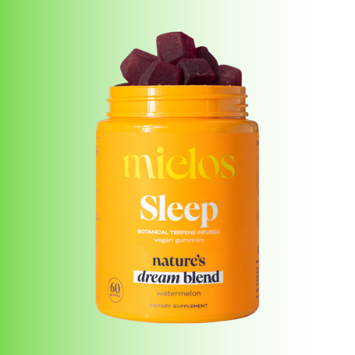 Orange container of mieleos Sleep gummies with watermelon flavor on a green background. For customers in the Kenosha and Racine area