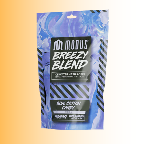 Modus Breezy Blend Blue cotton candy flavor packaging with blue and black design on a gradient background. For customers in the Kenosha and Racine area