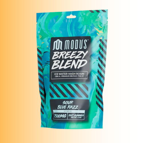Modus Breezy Blend Sour Blue Razz flavor packaging with blue and green design on a gradient background. For customers in the Kenosha and Racine area