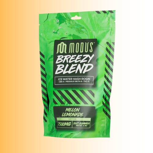 Green packaging of Modus Breezy Blend melon lemonade flavor with black text on a gradient background. For customers in the Kenosha and Racine area