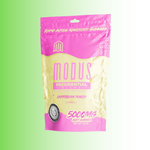Modus Presidential Caribbean Punch gummies packaging on a green and white gradient background. For customers in the Kenosha and Racine area