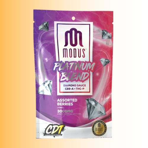 Modus Platinum Blend Diamond Sauce Assorted Berries flavor packaging on a gradient background. For customers in the Kenosha and Racine area