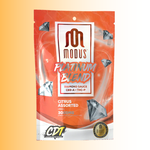 Modus Platinum Blend Diamond Sauce package Citrus assorted flavor on a gradient background. For customers in the Kenosha and Racine area