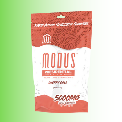 Modus Presidential Hemp gummies cherry cola flavor packaging on a green and white gradient background. For customers in the Kenosha and Racine area