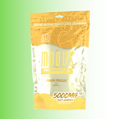 Packaging of Modus Peach Freeze gummies with a gradient green background. For customers in the Kenosha and Racine area
