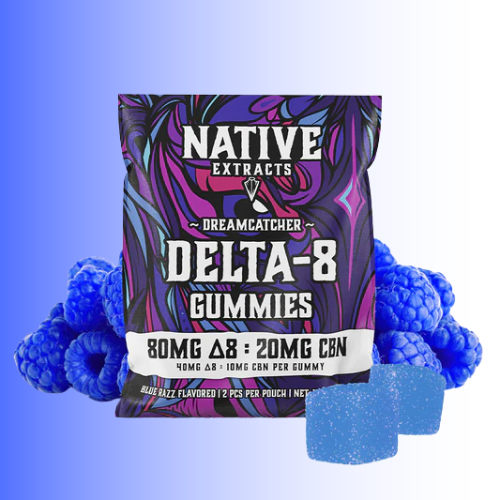 Pack of Native Extracts Delta-8 blue razz Gummies with blue gummy bears on a gradient background, for customers in Kenosha and Racine