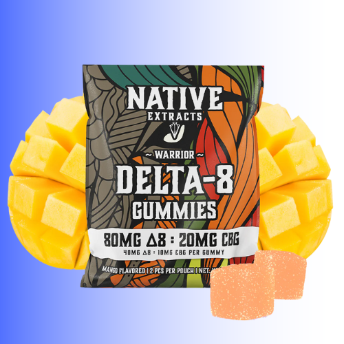 Packaging of Native Extracts Delta-8 gummies with mangoes on a blue background, for customers in Kenosha and Racine