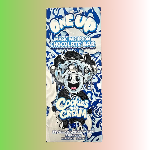 Chocolate bar Cookies and cream flavor packaging with cartoon character on a gradient background. For customers in the Kenosha and Racine area