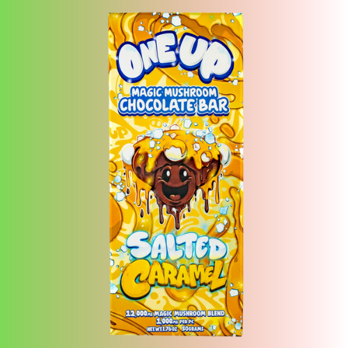 One Up Magic Mushroom Chocolate Bar packaging with a salted caramel flavor on a gradient background. For customers in the Kenosha and Racine area