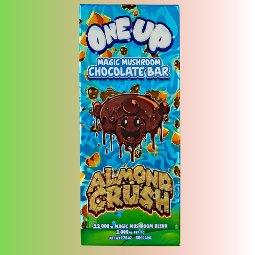 Chocolate bar packaging with 'One Up almond crush' branding on a gradient background. For customers in the Kenosha and Racine area
