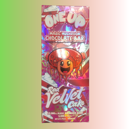 Chocolate bar packaging with 'One Up red velvet cake' branding on a gradient background. For customers in the Kenosha and Racine area