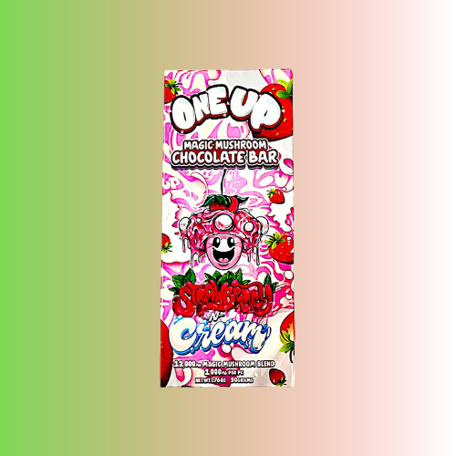 Chocolate bar packaging with a colorful design and 'One Up Strawberry Creamy' branding on a gradient background. For customers in the Kenosha and Racine area