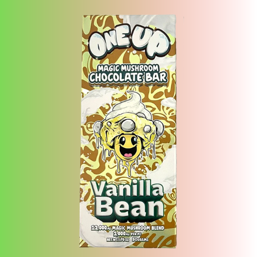 Vanilla Bean chocolate bar packaging with 'One Up' branding on a gradient background. For customers in the Kenosha and Racine area