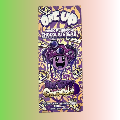 Chocolate bar packaging with 'One Up Blue Berry Cheesecake' branding on a gradient background. For customers in the Kenosha and Racine area