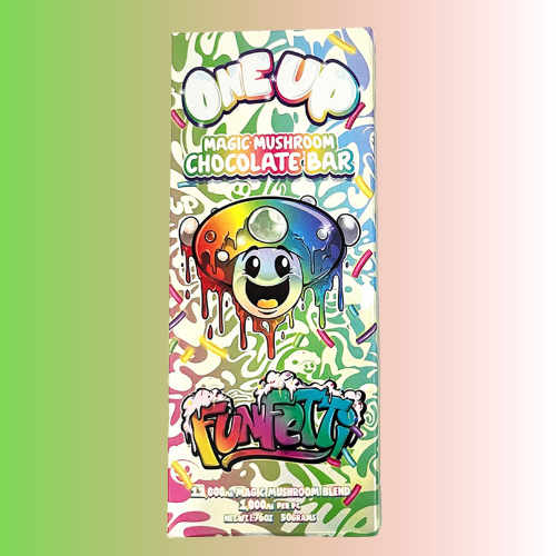 Colorful packaging of a 'One Up Magic Mushroom Chocolate Bar Funfetti Flavor' with a cartoon mushroom design on a gradient background. For customers in the Kenosha and Racine area