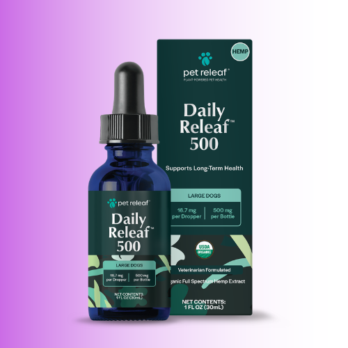 Pet Releaf Daily Releaf 500 hemp pet supplement, showing a 1 fl oz cobalt glass dropper bottle next to its dark green packaging box, set against a purple-to-white gradient background.