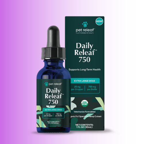 Pet Releaf Daily Releaf 750 hemp pet supplement shown as a dark blue glass dropper bottle next to its dark green and black retail box, on a purple-to-white gradient background.