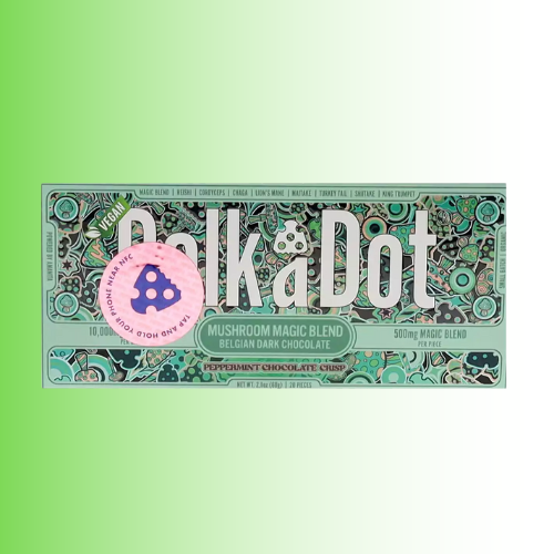 Box of PolkÓ Dot mushroom magic blend Belgian dark chocolate on a green gradient background. For customers in the Kenosha and Racine area