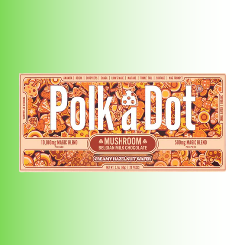 Polk a Dot mushroom and Belgian milk chocolate bar packaging on a green background. For customers in the Kenosha and Racine area