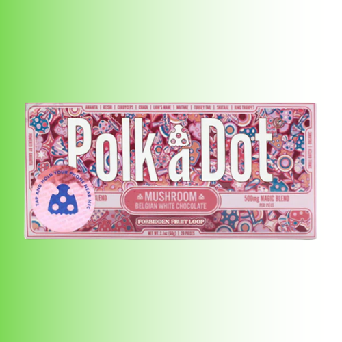 Pink and white packaging of Polk a Dot with colorful design on a green background. For customers in the Kenosha and Racine area