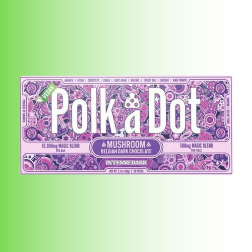 Polk & Dot mushroom Belgian dark chocolate bar packaging on a green gradient background. For customers in the Kenosha and Racine area