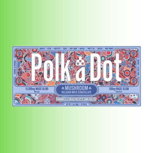 Polk & Dot mushroom Belgian milk chocolate bar packaging on a green background. For customers in the Kenosha and Racine area