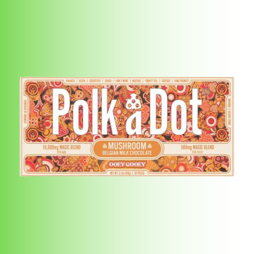 Polk a Dot mushroom Belgian milk chocolate bar packaging on a gradient green background. For customers in the Kenosha and Racine area