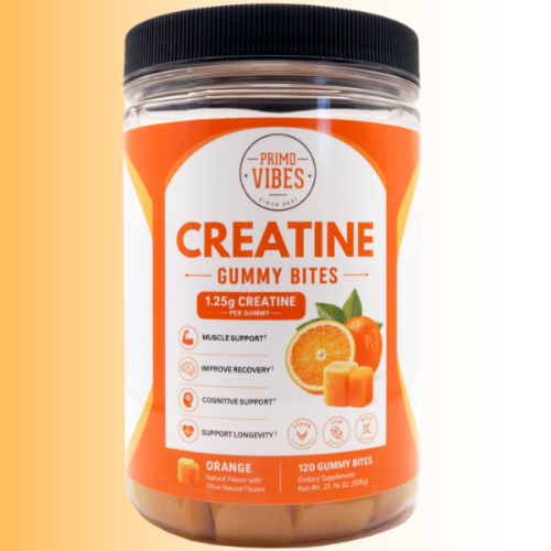 A jar of Primo Vibes Creatine Gummy Bites, orange flavor, containing 120 gummy bites. The product is shown in a clear plastic jar with a black lid and a white and orange label, set against a warm orange-to-yellow gradient background.