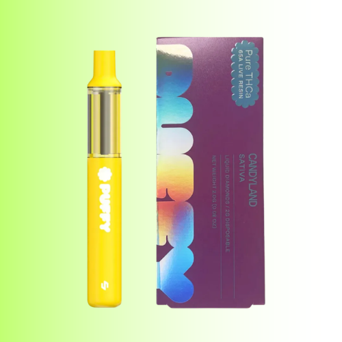 A yellow disposable vape pen stands next to its purple packaging box with a colorful gradient design, set against a light green-to-white gradient background.