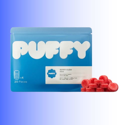 A blue stand-up pouch of Puffy Berry Kush gummies with several red round gummies displayed in front on a white-to-blue gradient background.