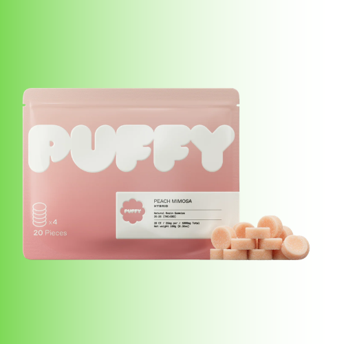 A pink stand-up pouch of PUFFY Peach Mimosa gummies with several peach-colored round gummies displayed in front on a light green-to-white gradient background.