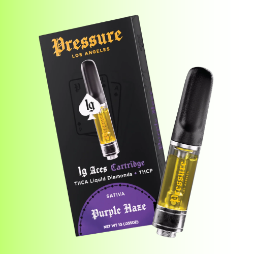 Vape cartridge with packaging labeled 'Pressure Los Angeles' on a gradient background