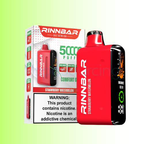 A red and black Rinnbar disposable vape device next to its retail packaging box, which is labeled 'Rinnbar 5000 Puffs Strawberry Watermelon'. The background is a soft green gradient.