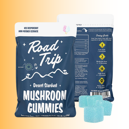 Packaging of 'Road Trip' Desert Stardust Mushroom Gummies with blue gummies on a gradient background. For customers in the Kenosha and Racine area