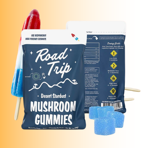 Mushroom gummies packaging with blue and white design on a gradient background. For customers in the Kenosha and Racine area