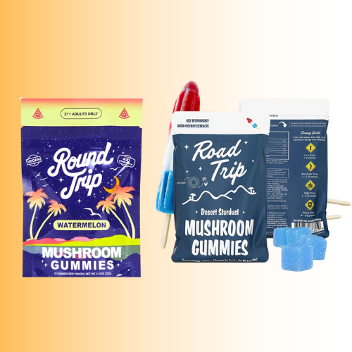 Two packages of 'Round Trip' mushroom gummies on a gradient background. For customers in the Kenosha and Racine area