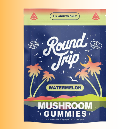 Packaging of Round Trip Watermelon Mushroom Gummies with palm tree design on a gradient background. For customers in the Kenosha and Racine area