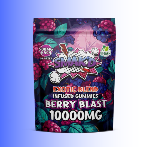 A stand-up pouch of Smakd Exotic Blend Berry Blast 10000MG infused gummies, featuring a dark berry illustration background with raspberries, blackberries, and blueberries, and a comic-style 'SMAKD' logo in the center.