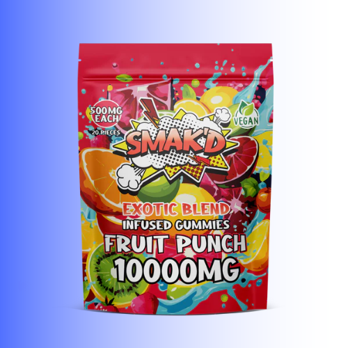 A stand-up pouch of SMAKD Vegan Infused Gummies, Fruit Punch 10000MG, featuring a vibrant, colorful graphic design with illustrations of citrus fruits, kiwi, and gummy candies on a red background.