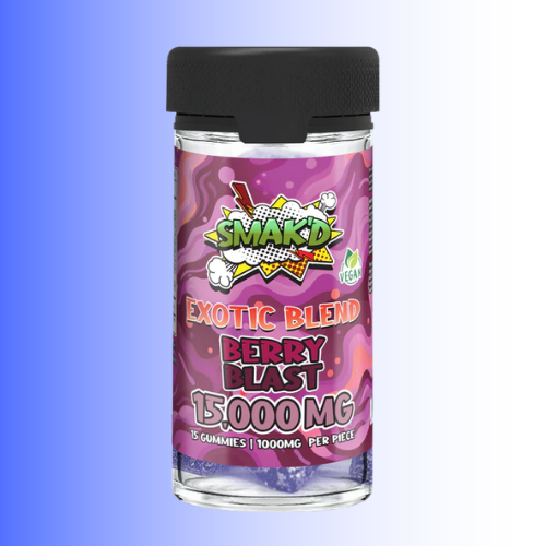 A clear plastic bottle of Smakd Exotic Blend Berry Blast 15000MG e-liquid, featuring a black flip-top cap and a vibrant purple and pink label with comic-style graphics.