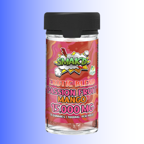 A clear plastic bottle of SMAKD Exotic Blend Passion Fruit Mango Gummy candies with a black flip-top lid, set against a blue-to-white gradient background.