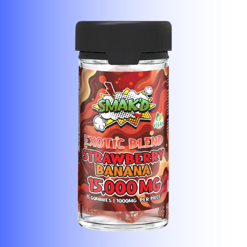 A clear plastic bottle of Smaakd Exotic Blend Strawberry Banana gummies with a black flip-top lid, set against a blue-to-white gradient background.