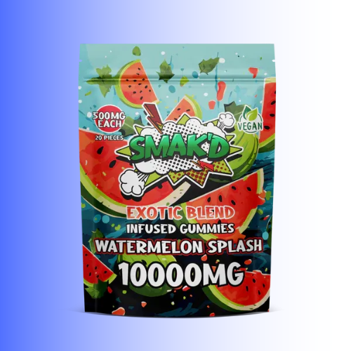 A stand-up pouch of Smakrd Watermelon Splash Exotic Blend Infused Gummies, 10000MG, featuring a vibrant watermelon slice illustration on a blue and black background.