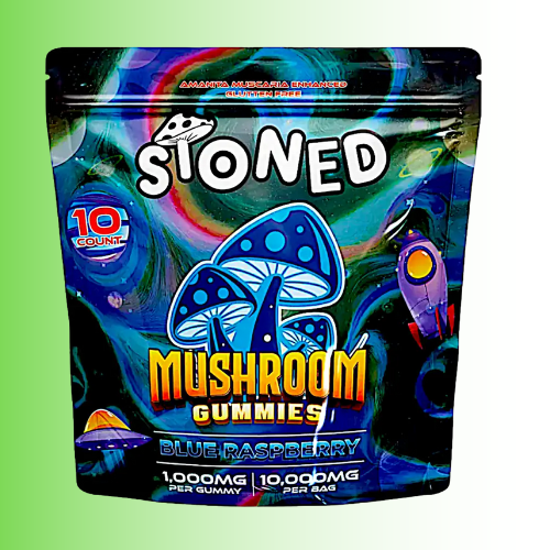 Stoned Mushroom Gummies packaging with blue and purple design on a green background. For customers in the Kenosha and Racine area